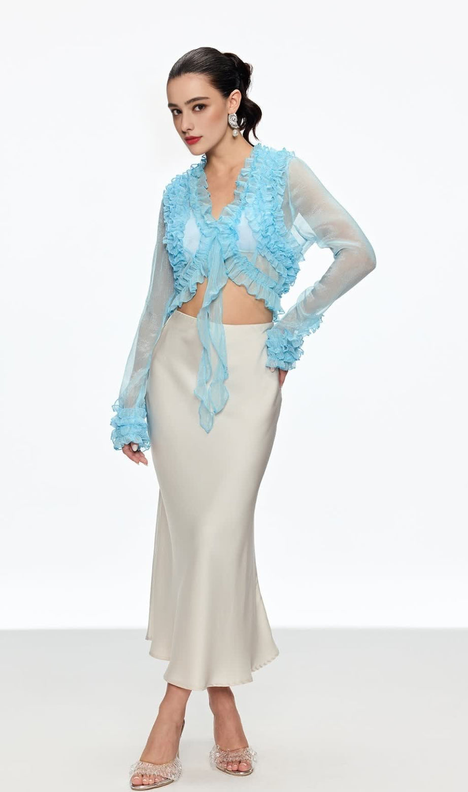 eudora Ruffle Plunge Lace Up Top in blue