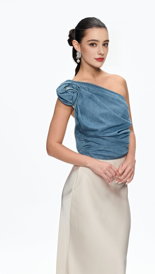 AIIZIE FLORENCE ONE SHOULDER FLOWER TOP IN BLUE - product image