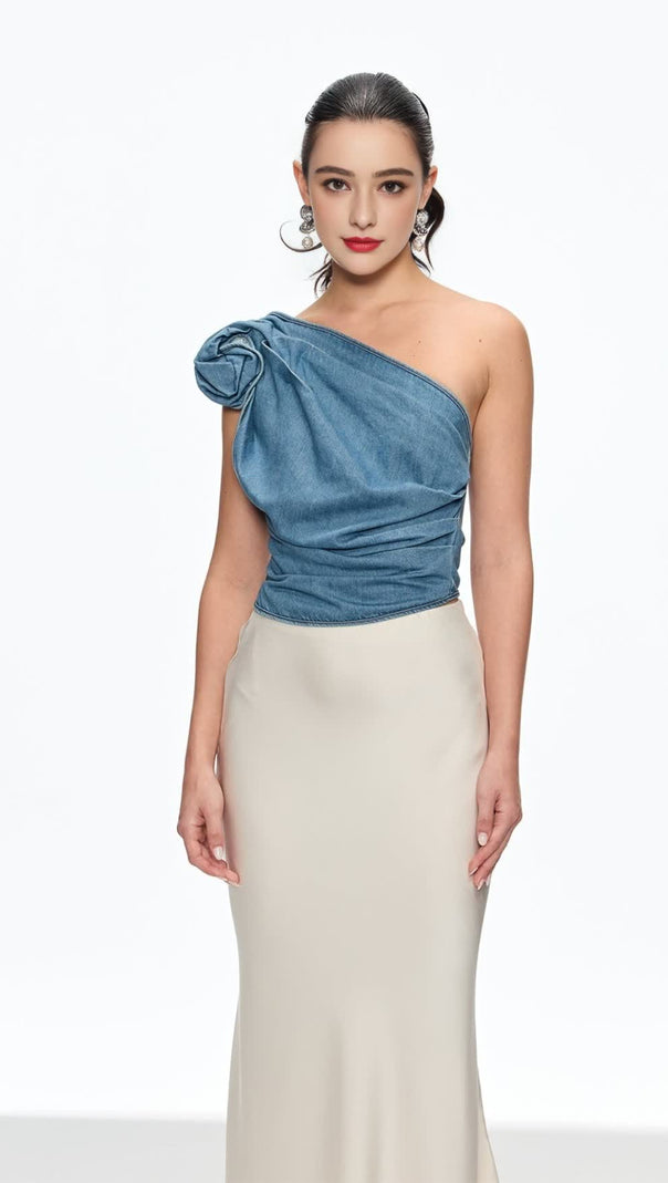 AIIZIE FLORENCE ONE SHOULDER FLOWER TOP IN BLUE - product image
