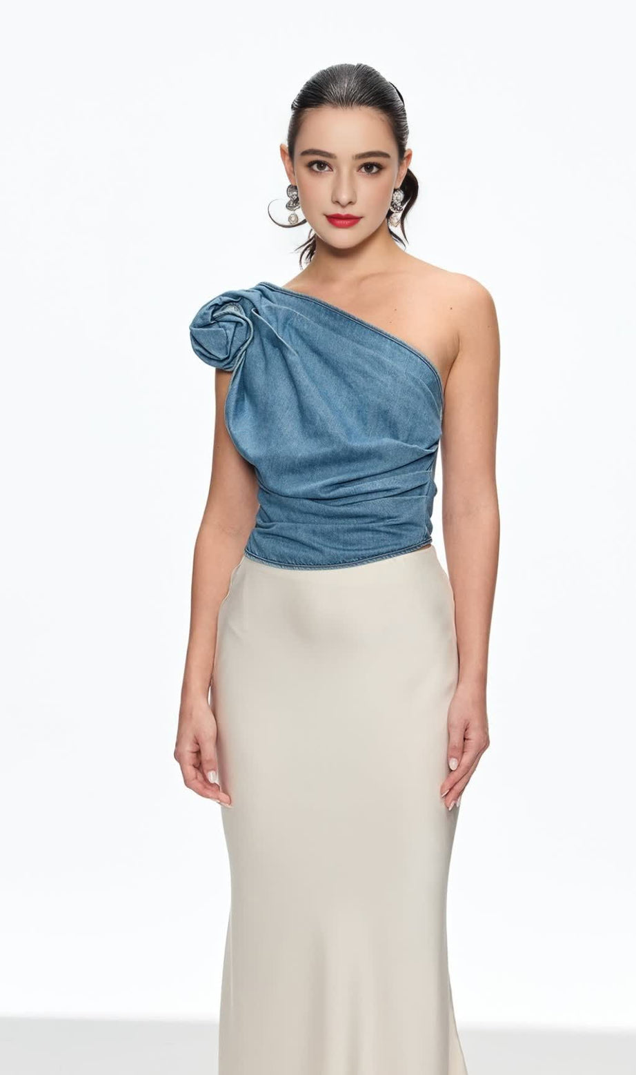 florence one Shoulder Flower Top in blue