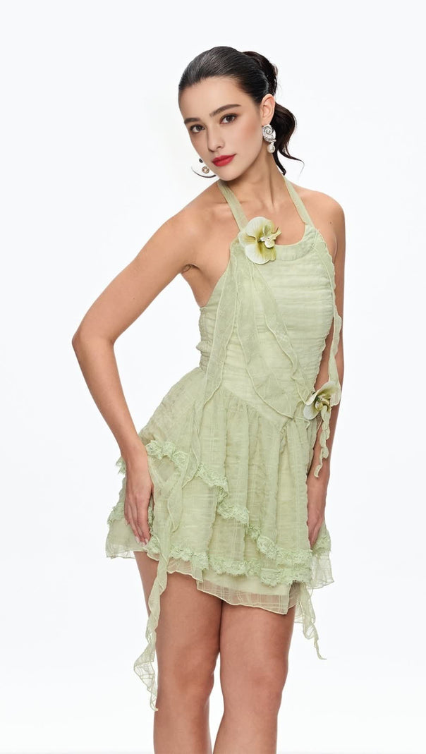 AIIZIE ALYSSA FLOWER FRINGE MINI DRESS IN GREEN - product image