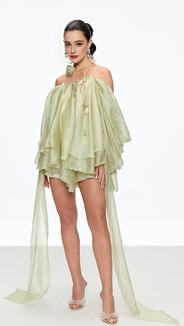 AIIZIE ALISA RUFFLE LACE UP FRINGE MINI DRESS IN GREEN - product image