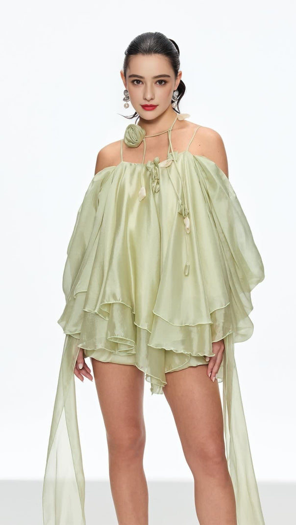 AIIZIE ALISA RUFFLE LACE UP FRINGE MINI DRESS IN GREEN - product image