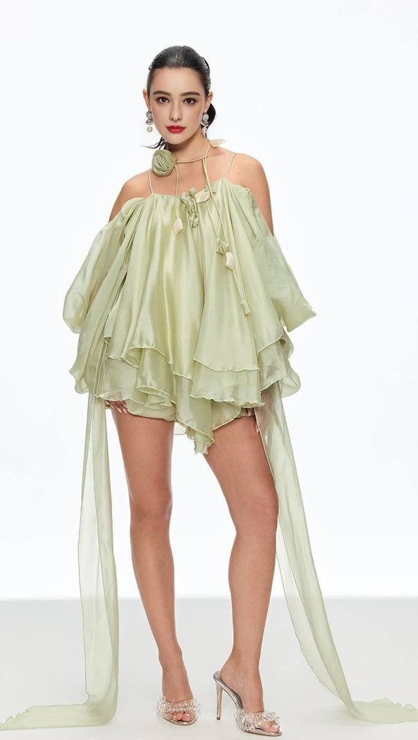 AIIZIE ALISA RUFFLE LACE UP FRINGE MINI DRESS IN GREEN - product image