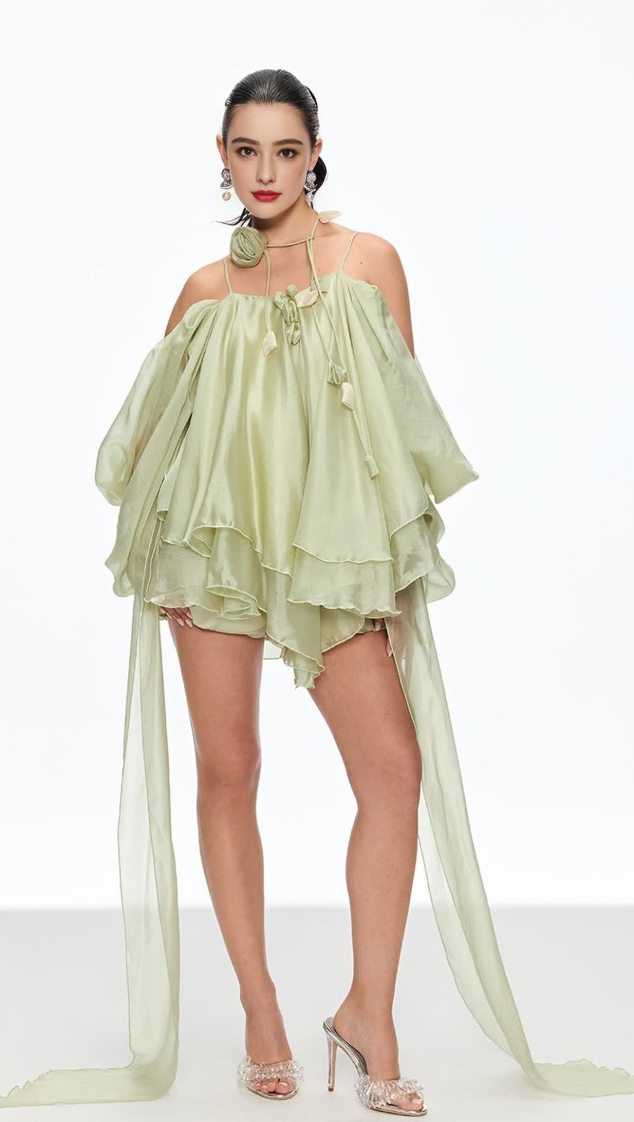 ALISA RUFFLE LACE UP FRINGE MINI DRESS IN GREEN