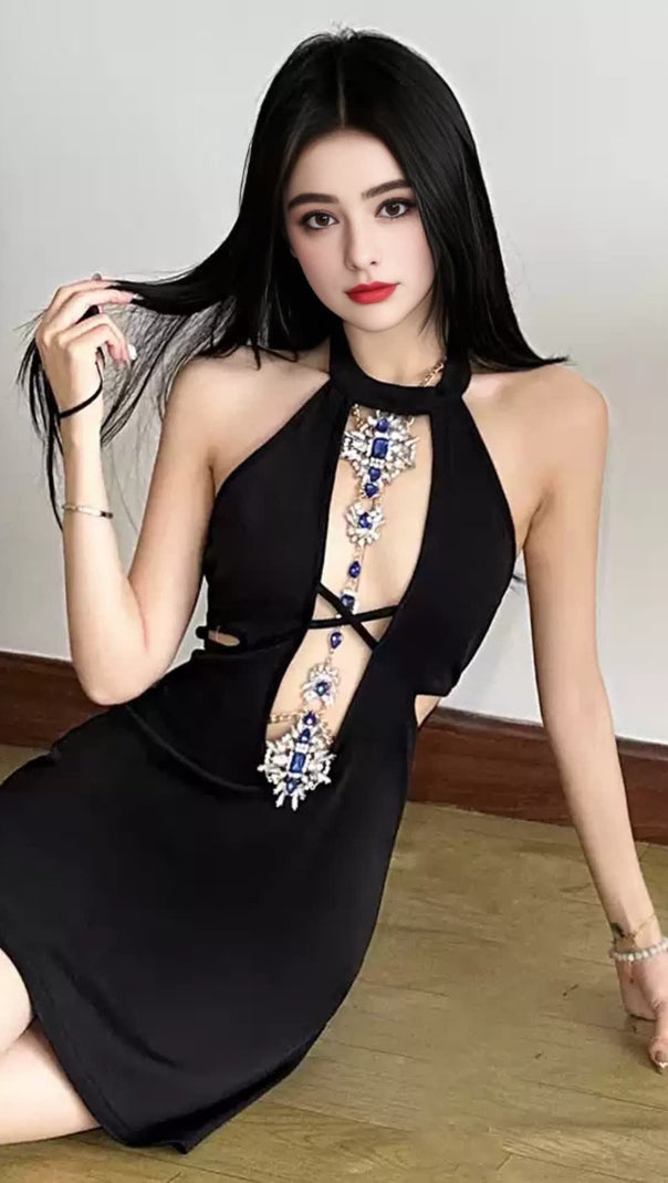 AIIZIE BLACK HALTER NECK CUT - OUT CLUB MINI DRESS - product image