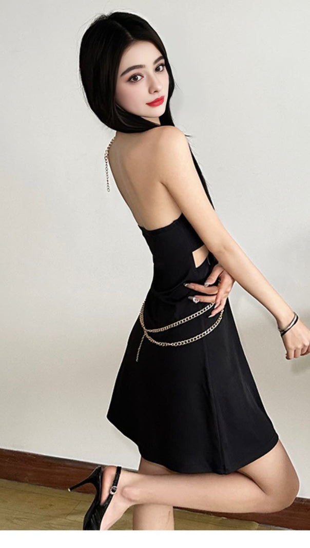 AIIZIE BLACK HALTER NECK CUT - OUT CLUB MINI DRESS - product image