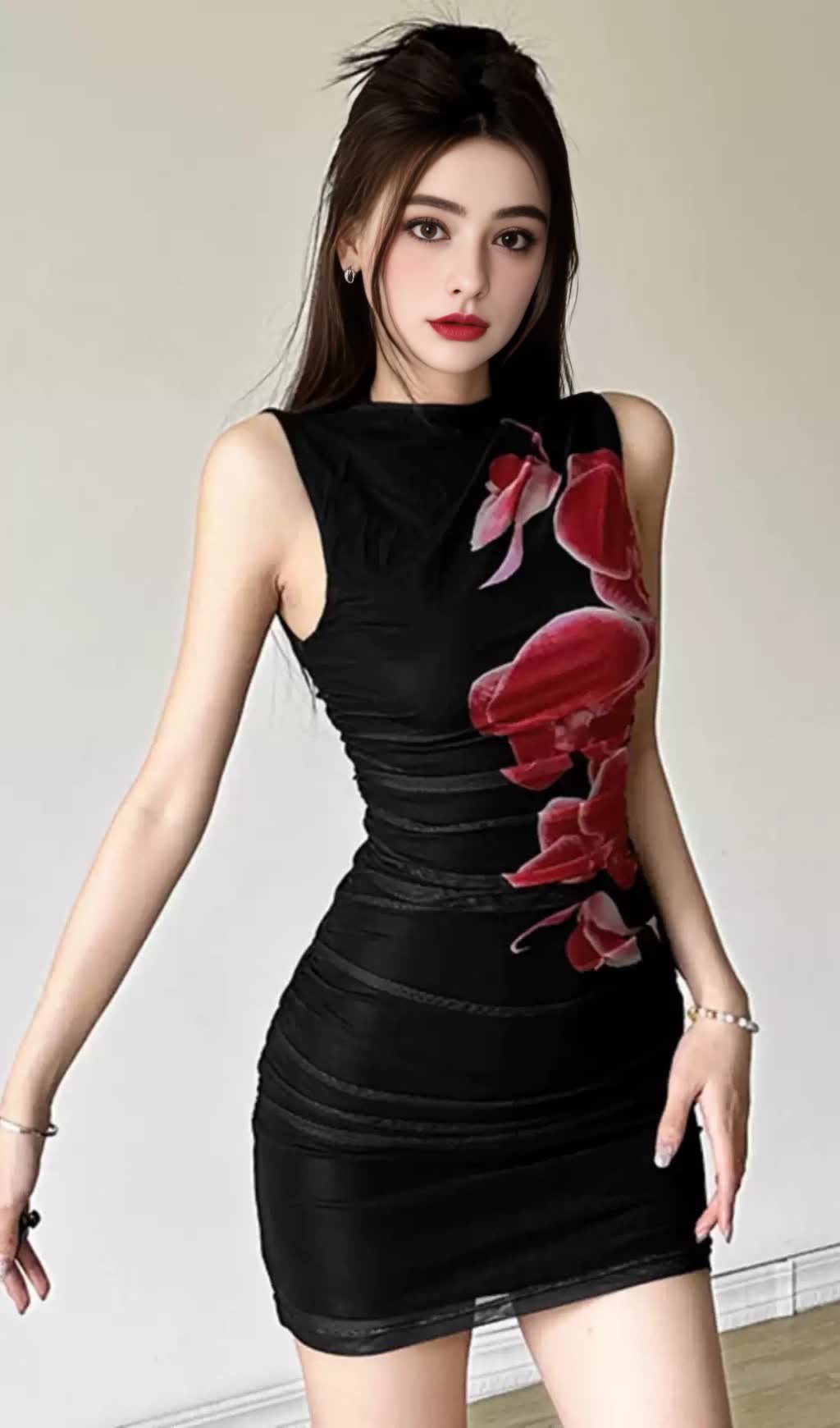 MINI ABITO ADERENTE IN RETE NERA CON STAMPA FLOREALE ROSSA 