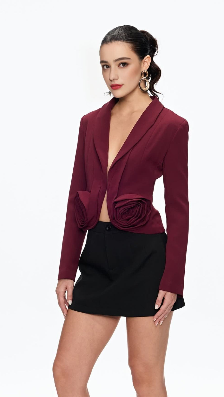 ASHLEY FLOWER PLUNGE BLAZER IN BURGUNDY