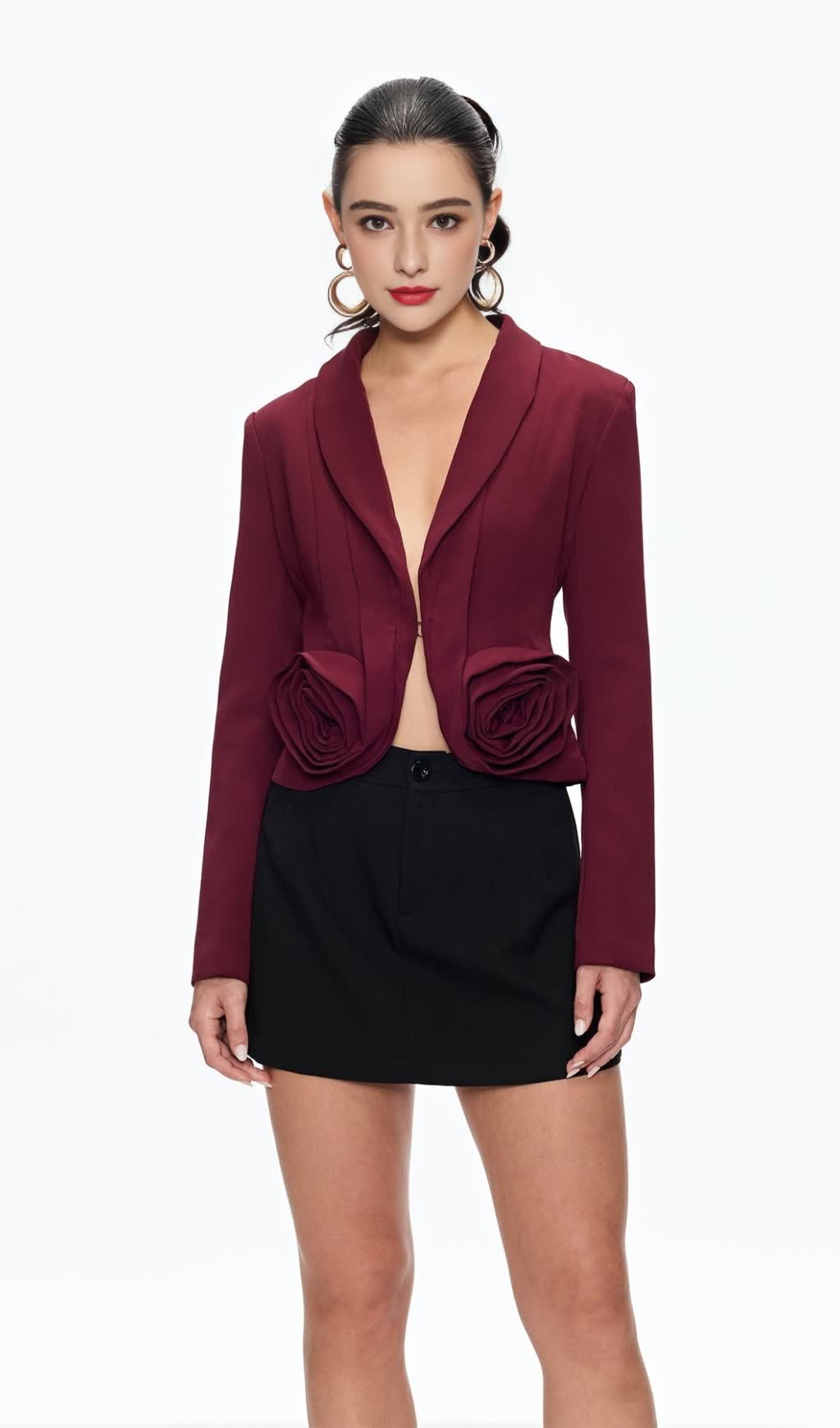 ASHLEY FLOWER PLUNGE BLAZER IN BURGUNDY