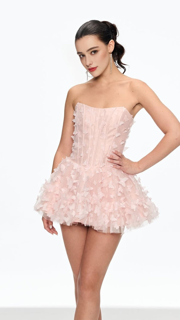 AIIZIE AURORA BUTTERFLY CORSET PUFFY MINI DRESS IN PINK - product image