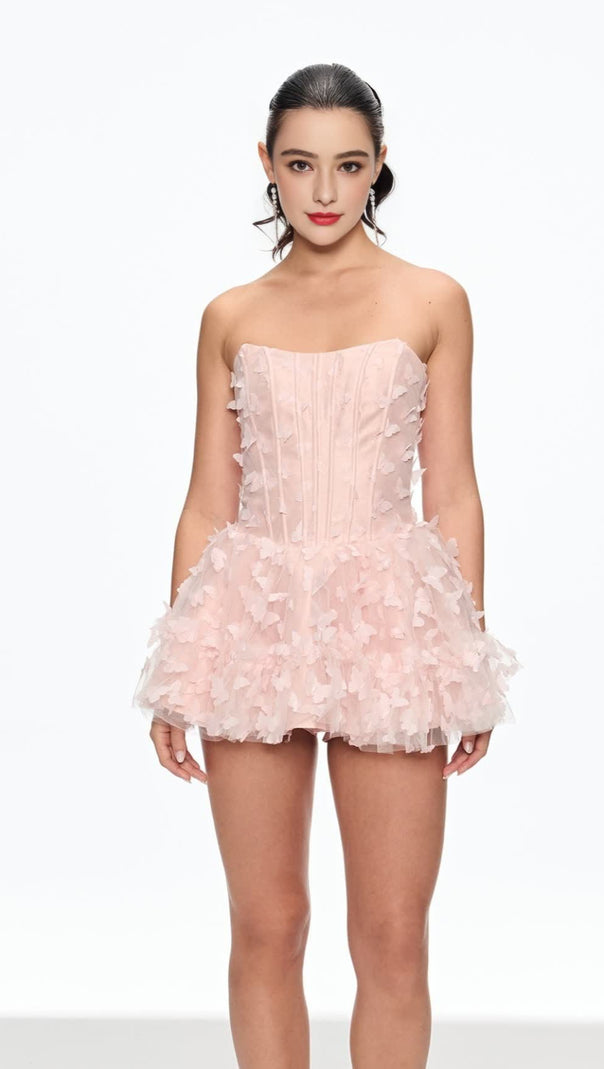 AIIZIE AURORA BUTTERFLY CORSET PUFFY MINI DRESS IN PINK - product image