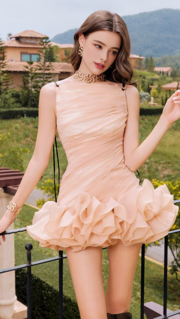 AIIZIE RUCHED RUFFLE HEM SLEEVELESS MINI DRESS IN APRICOT - product image