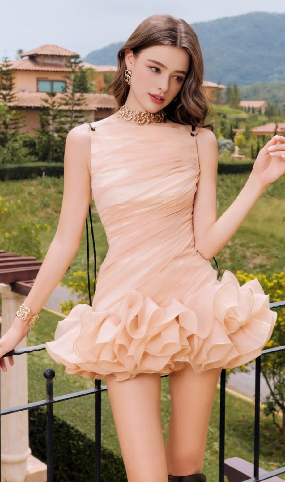 ruched ruffle hem sleeveless mini dress in apricot