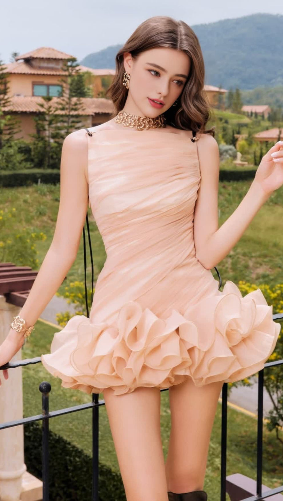 RUCHED RUFFLE HEM SLEEVELESS MINI DRESS IN APRICOT