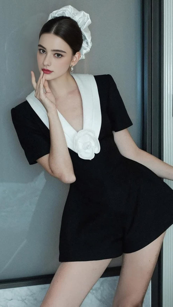 AIIZIE V NECK WHITE 3D FLOWER JUMPSUIT IN BLACK - product image