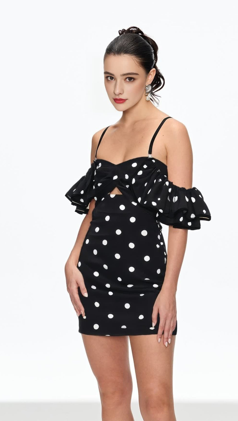 HERMOSA DOT OFF SHOULDER MINI DRESS IN BLACK
