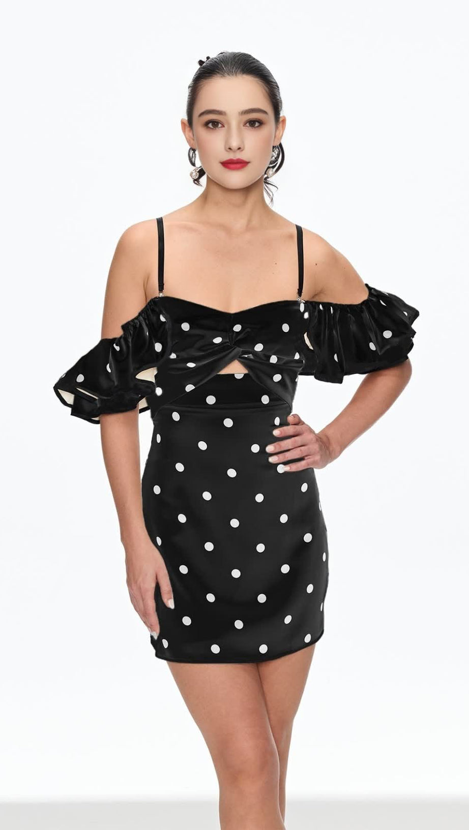 HERMOSA DOT OFF SHOULDER MINI DRESS IN BLACK