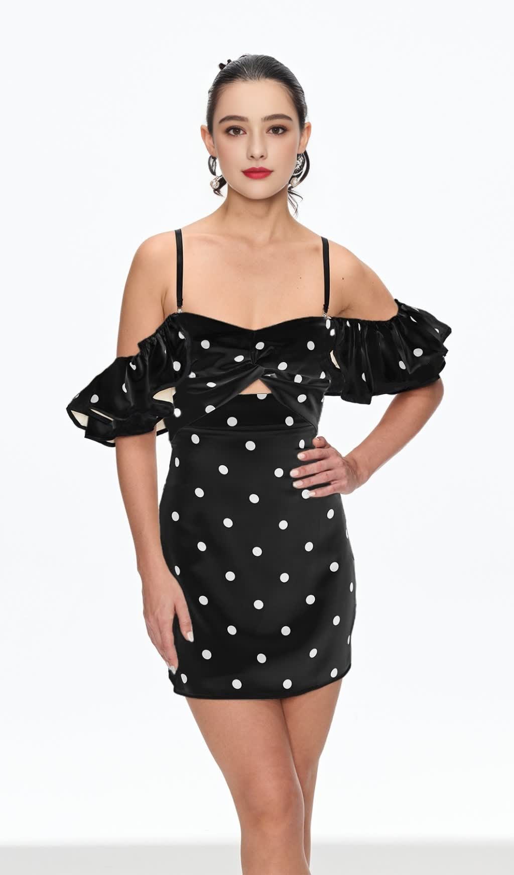 HERMOSA DOT OFF SHOULDER MINI DRESS IN BLACK