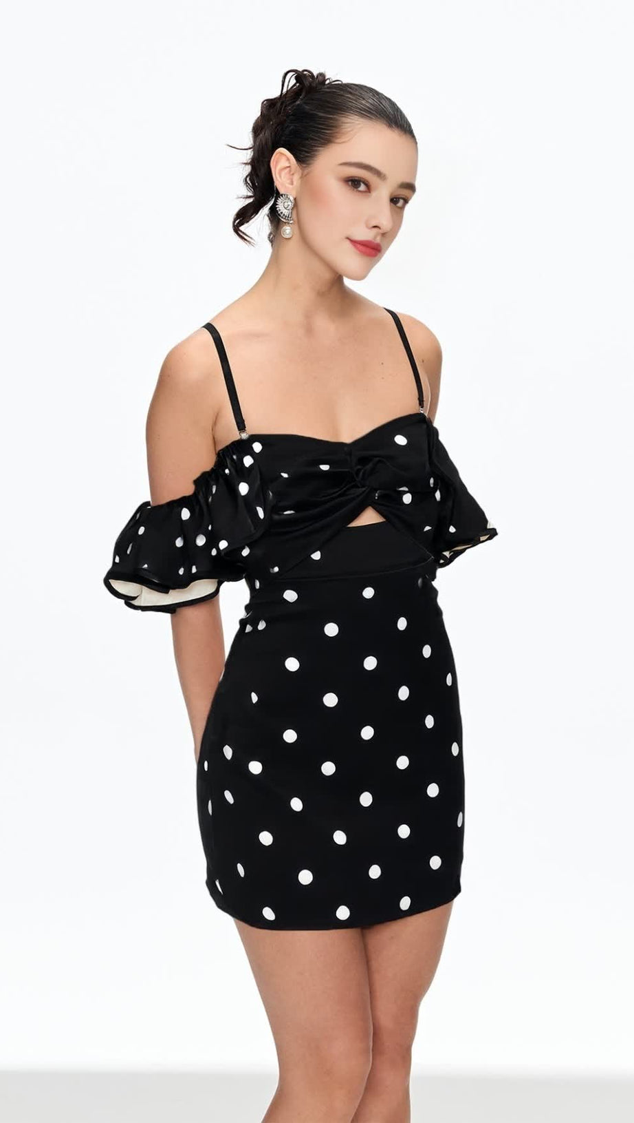HERMOSA DOT OFF SHOULDER MINI DRESS IN BLACK