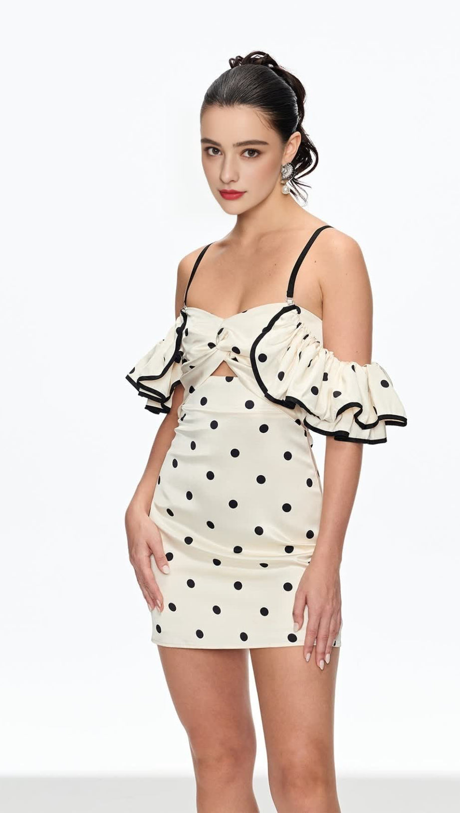 HERMOSA DOT OFF SHOULDER MINI DRESS IN WHITE