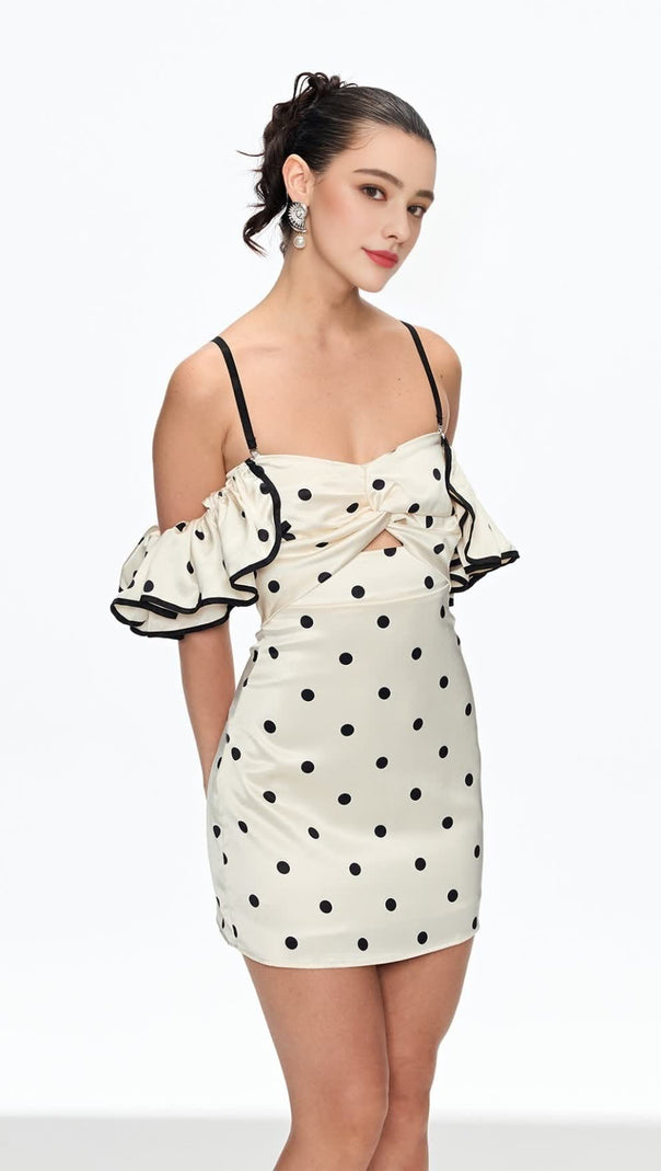 AIIZIE HERMOSA DOT OFF SHOULDER MINI DRESS IN WHITE - product image