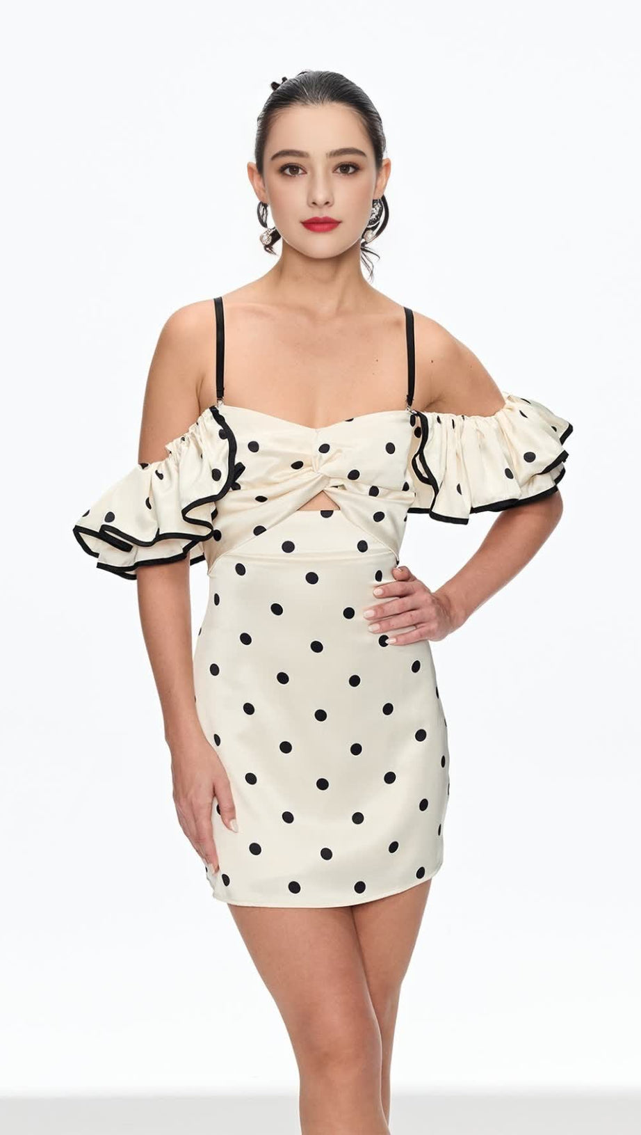 HERMOSA DOT OFF SHOULDER MINI DRESS IN WHITE
