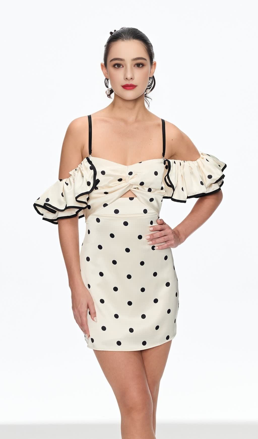 HERMOSA DOT OFF SHOULDER MINI DRESS IN WHITE