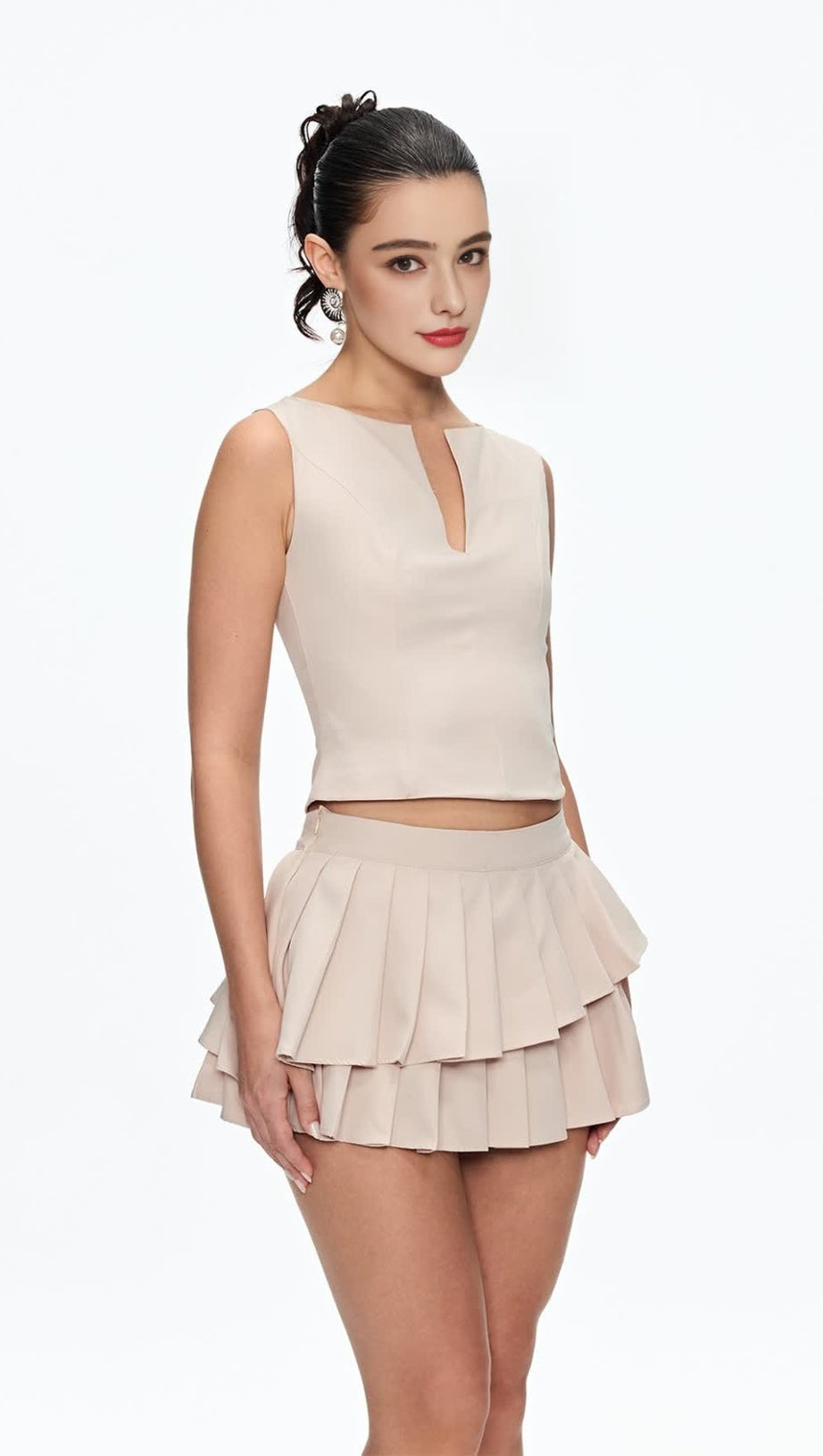 ELVIRA SLEEVELESS RUFFLE SKIRT SET IN BEIGE