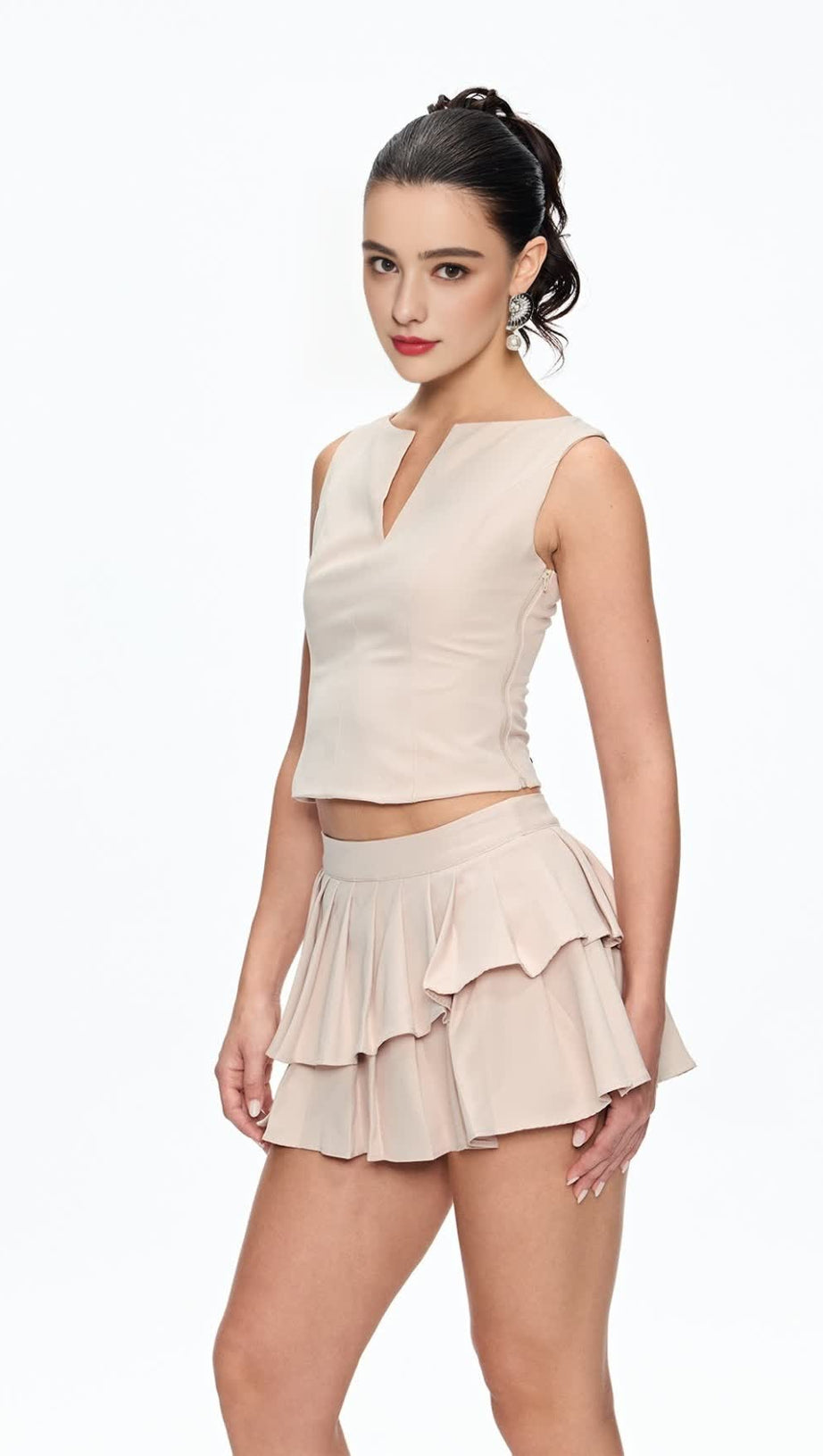 ELVIRA SLEEVELESS RUFFLE SKIRT SET IN BEIGE
