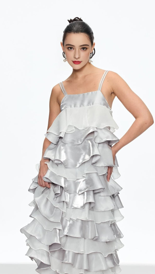 AIIZIE GRISELDA RUFFLE SPAGHETTI MIDI DRESS IN SILVER - product image