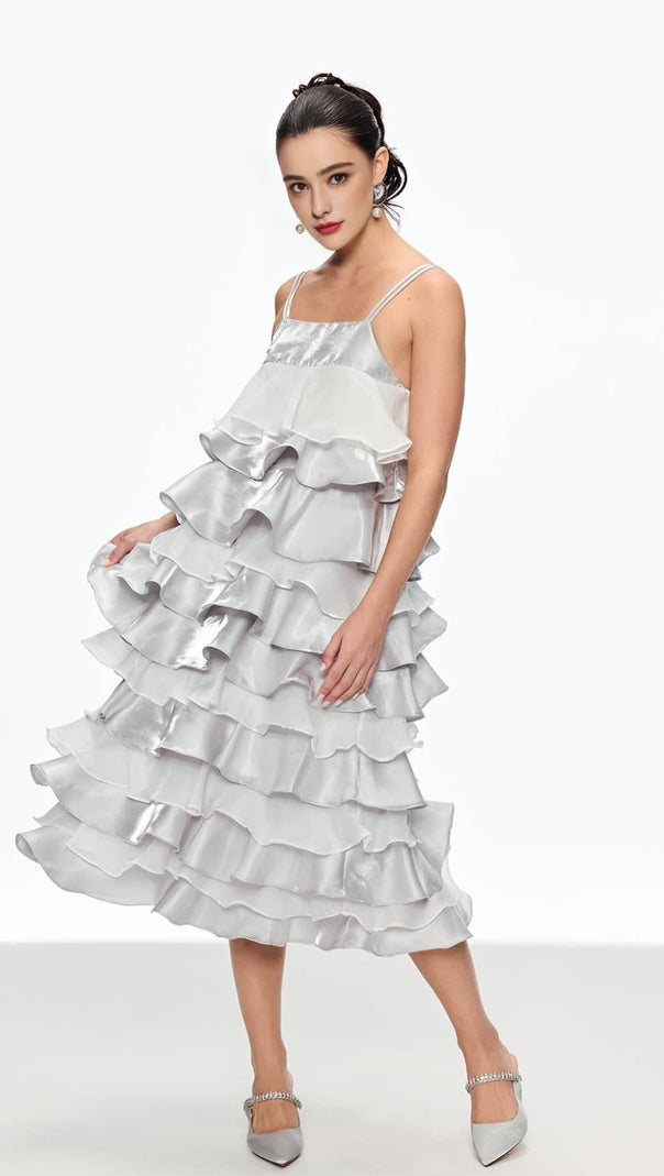 AIIZIE GRISELDA RUFFLE SPAGHETTI MIDI DRESS IN SILVER - product image