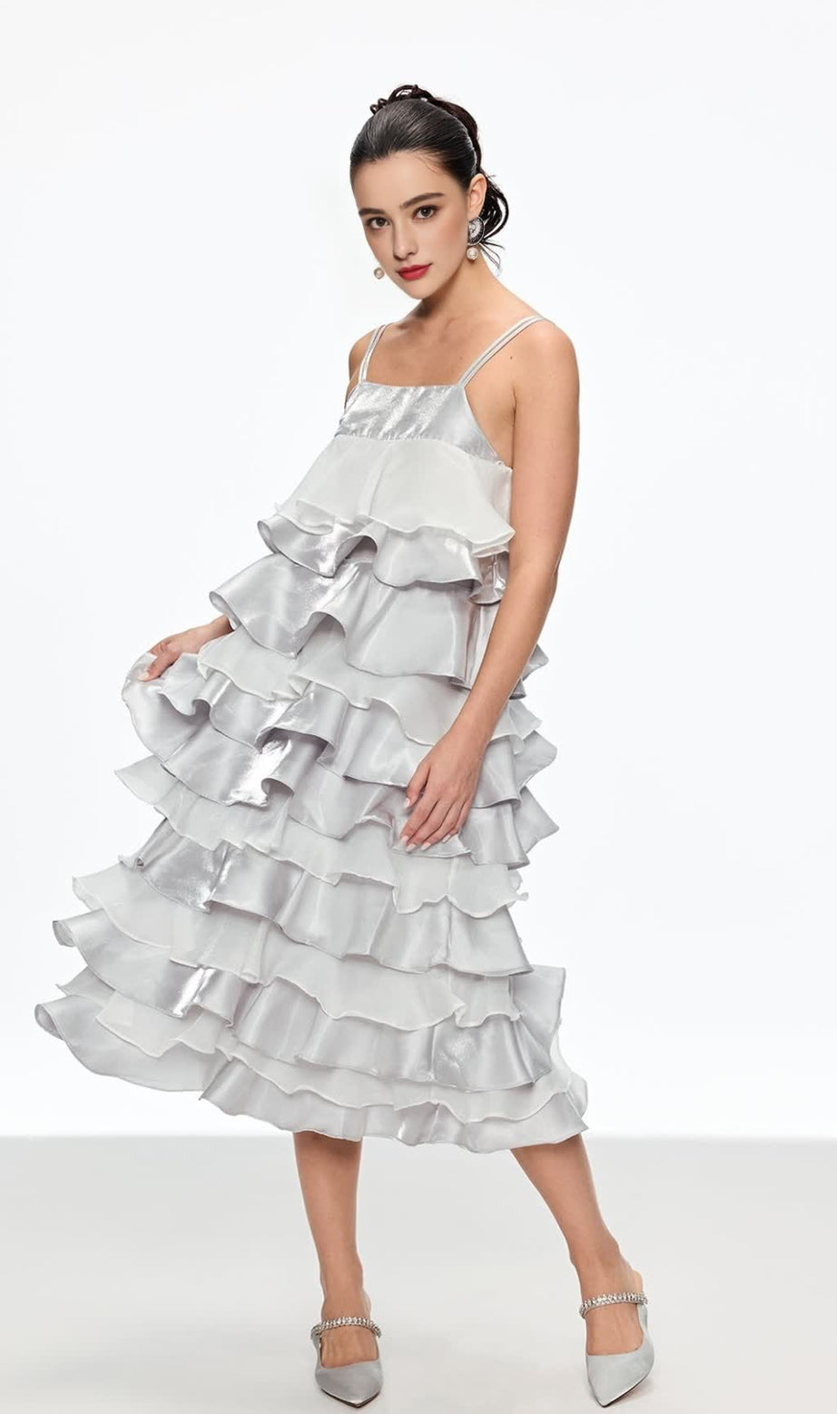 griselda Ruffle Spaghetti Midi Dress in silver