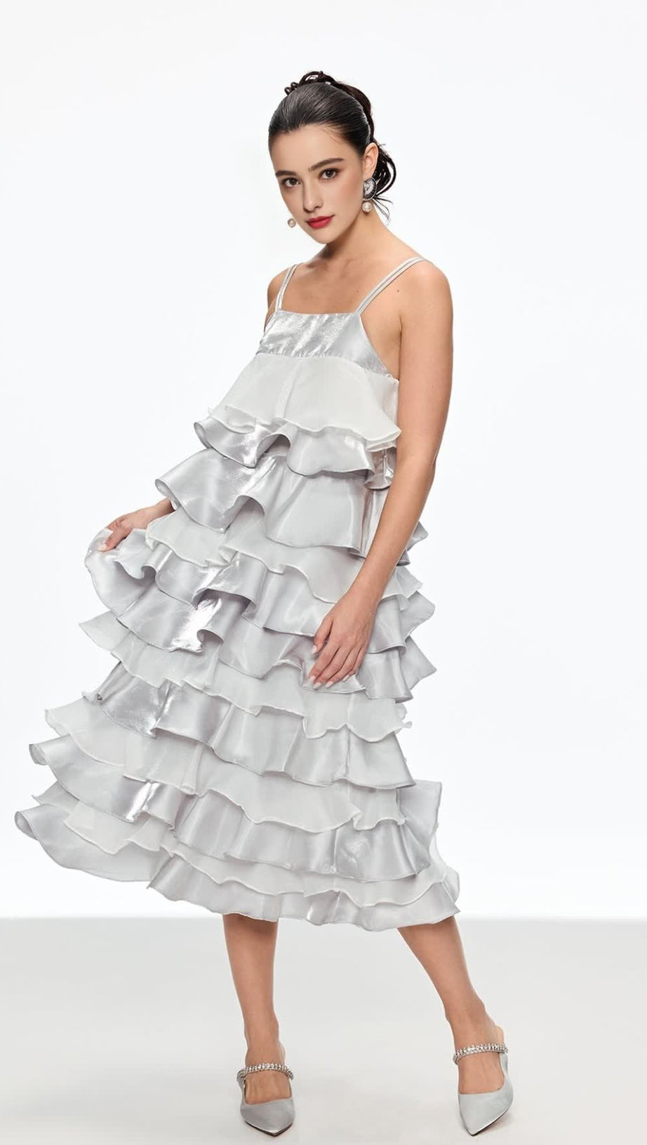 GRISELDA RUFFLE SPAGHETTI MIDI DRESS IN SILVER