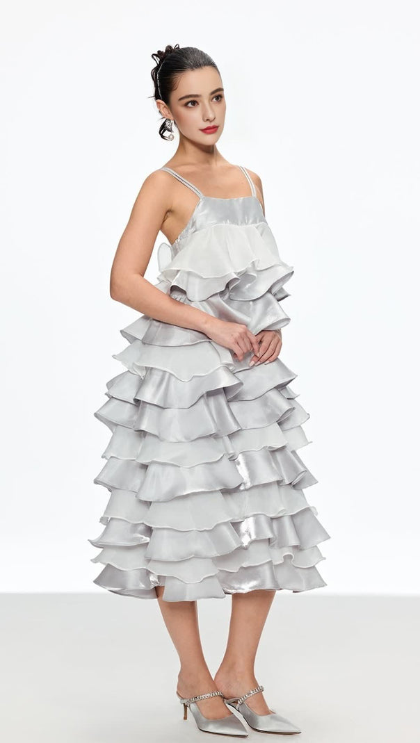 AIIZIE GRISELDA RUFFLE SPAGHETTI MIDI DRESS IN SILVER - product image