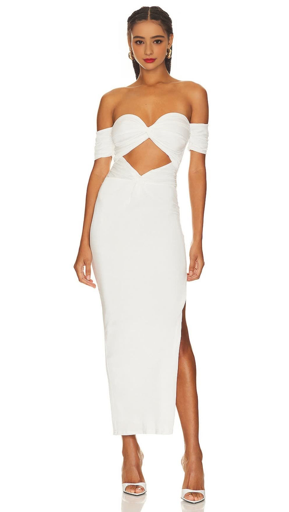 PLEATED OFF-SHOULDER CUTOUT MIDI DRESS IN WHITE