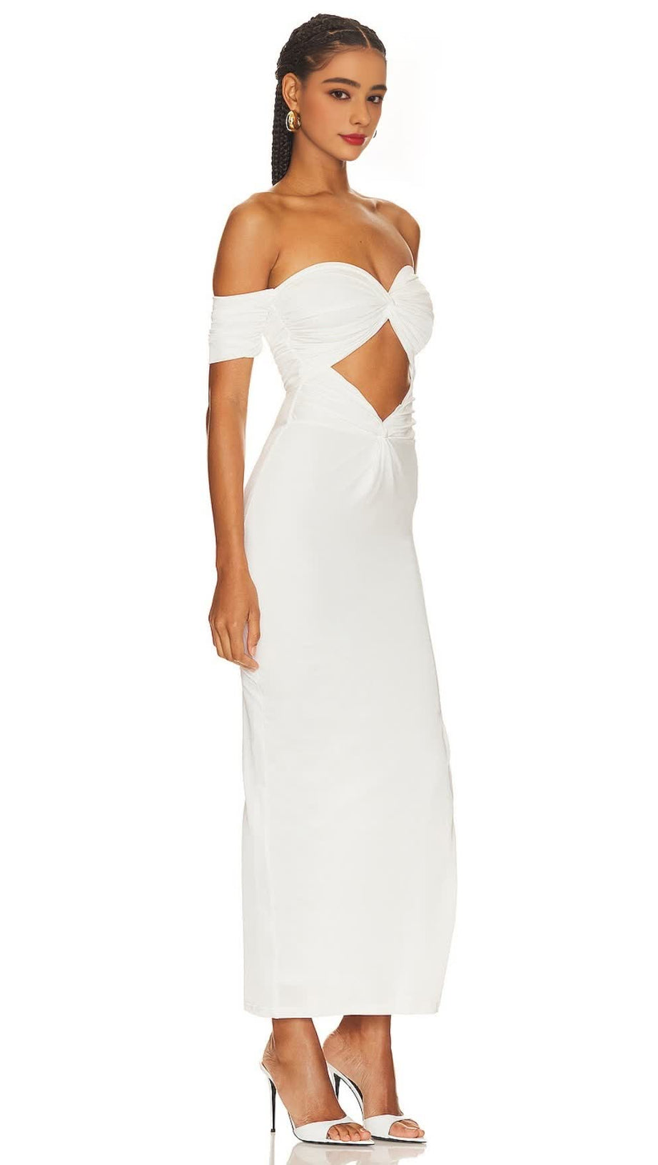 PLEATED OFF-SHOULDER CUTOUT MIDI DRESS IN WHITE