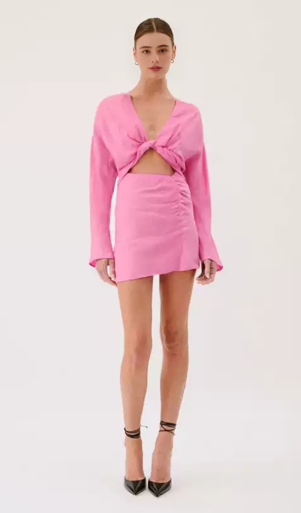 Long Sleeve Twist Front Mini Dress - Pink