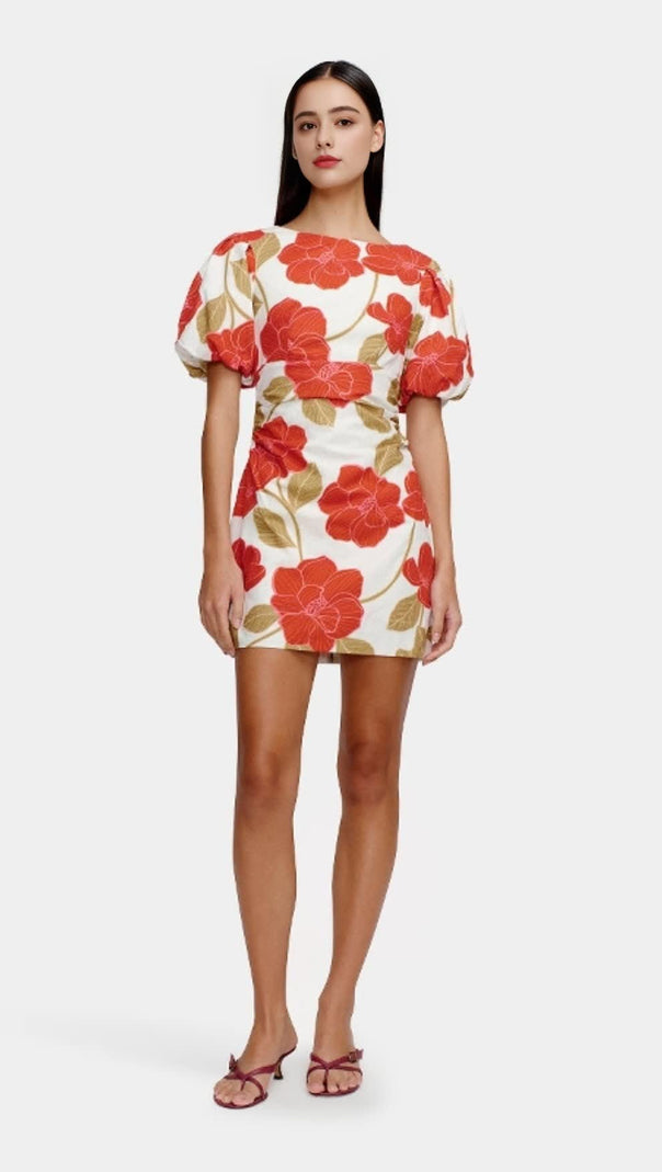 AIIZIE MULTICOLOR PRINTED PUFF-SLEEVE CRINKLED LINEN MINI DRESS - product image