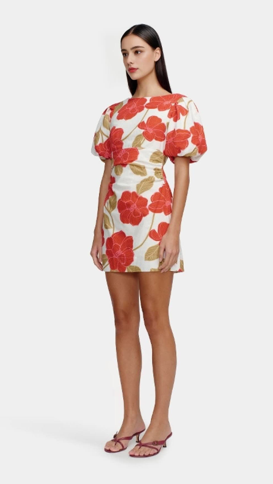 mehrfarbiges bedrucktes Minikleid aus geknittertem Leinen mit Puffärmeln