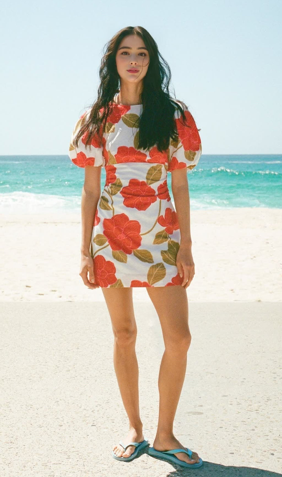multicolor Printed puff-sleeve crinkled linen mini dress