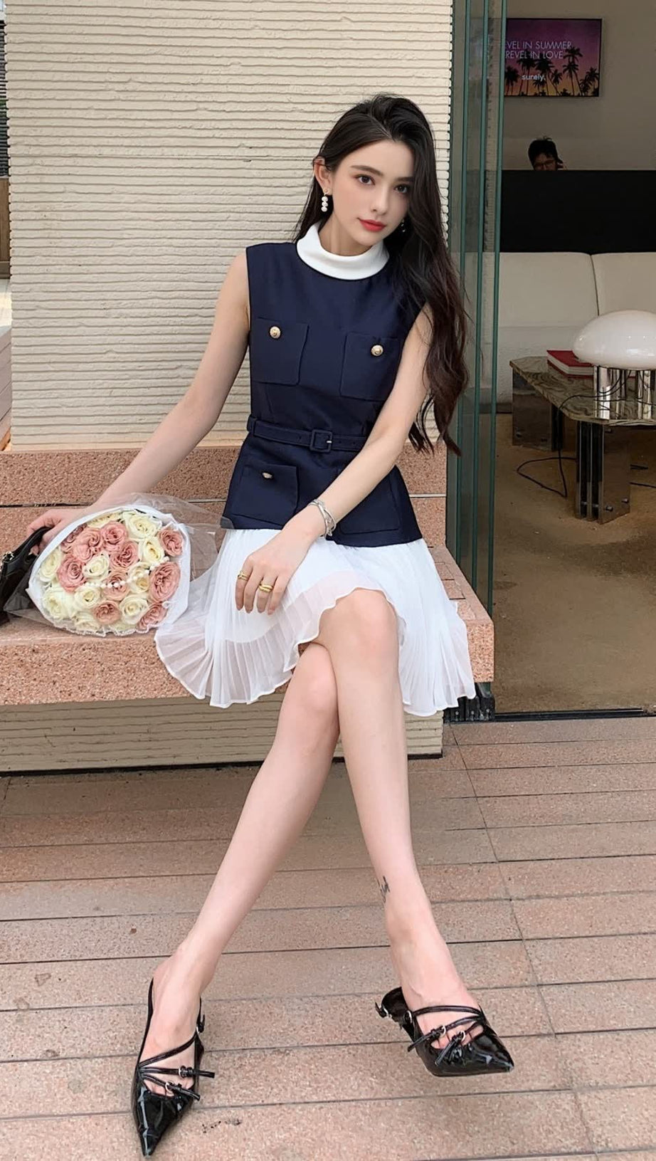 SLEEVELESS BELTED CHIFFON MINI DRESS