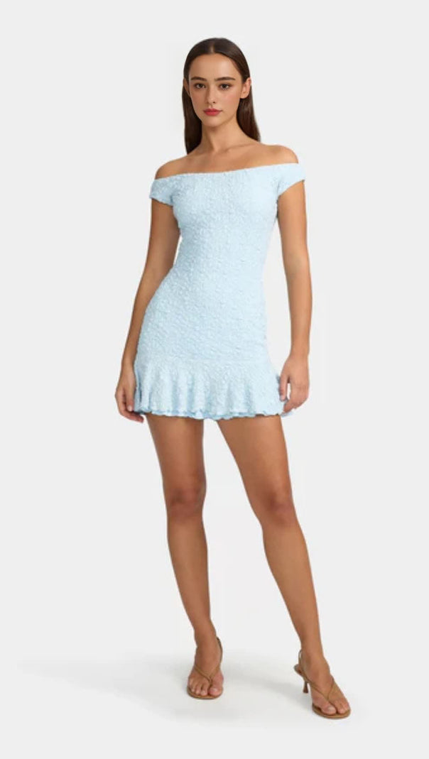 AIIZIE TEXTURED RUFFLED OFF-SHOULDER MINI DRESS IN PALE BLUE - product image