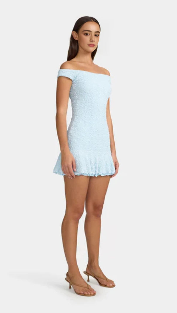 AIIZIE TEXTURED RUFFLED OFF-SHOULDER MINI DRESS IN PALE BLUE - product image