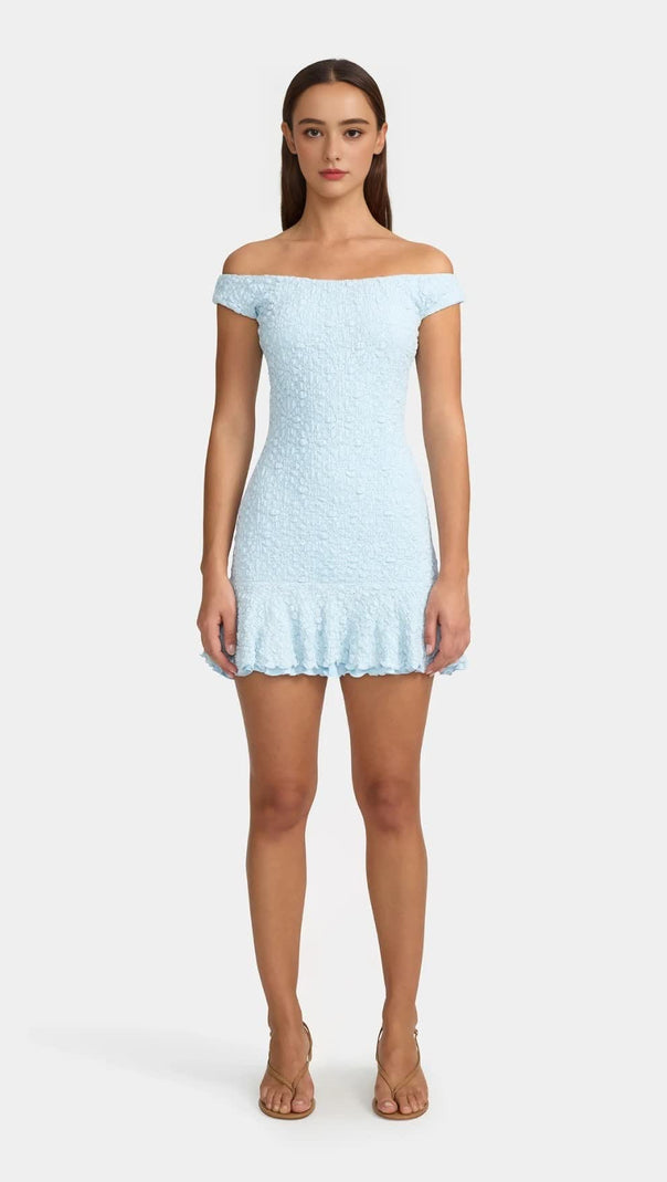 AIIZIE TEXTURED RUFFLED OFF-SHOULDER MINI DRESS IN PALE BLUE - product image