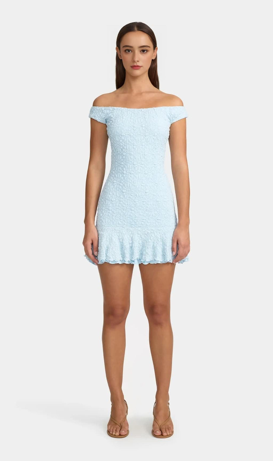 Textured ruffled off-shoulder mini dress in pale blue