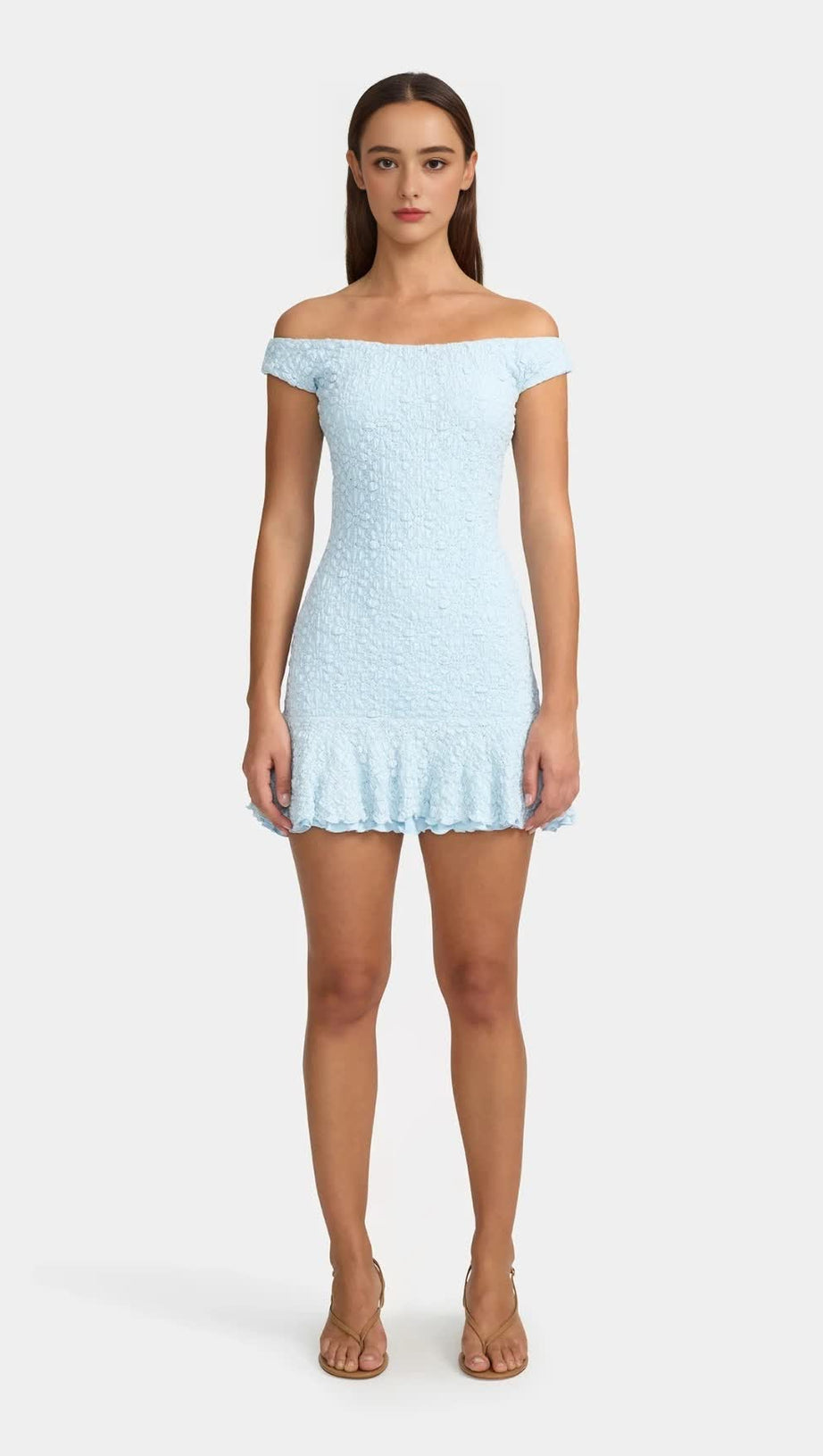 TEXTURED RUFFLED OFF-SHOULDER MINI DRESS IN PALE BLUE