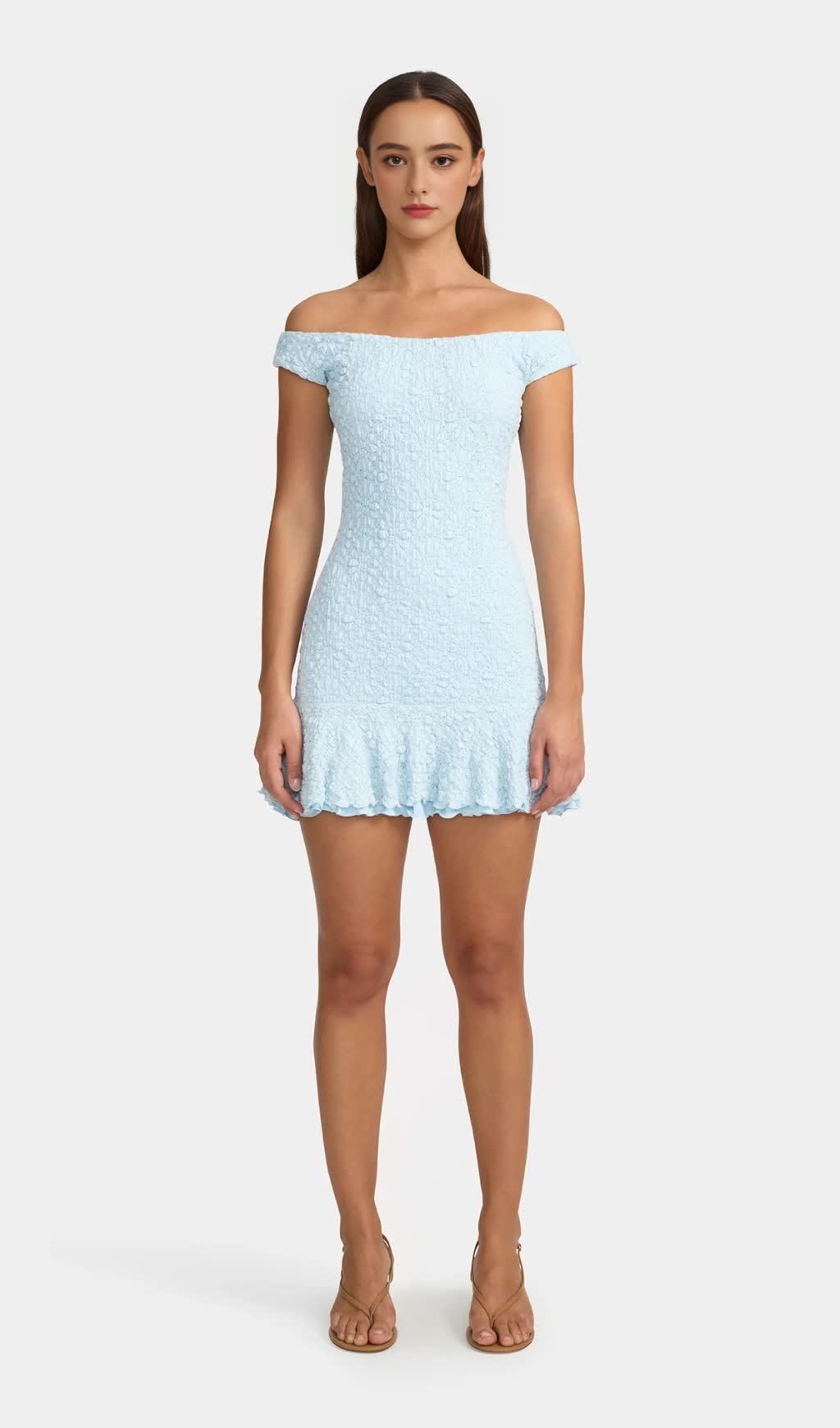 TEXTURED RUFFLED OFF-SHOULDER MINI DRESS IN PALE BLUE