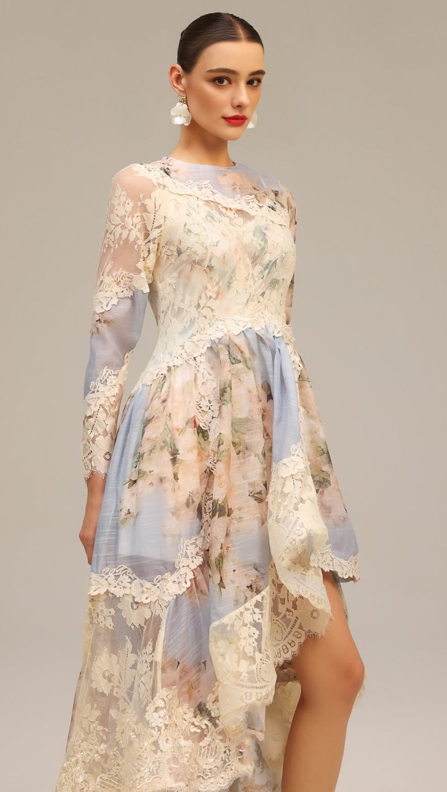 KRISTIN LONG SLEEVES FLORAL PRINTED ASYMMETRIC LACE MAXI DRESS