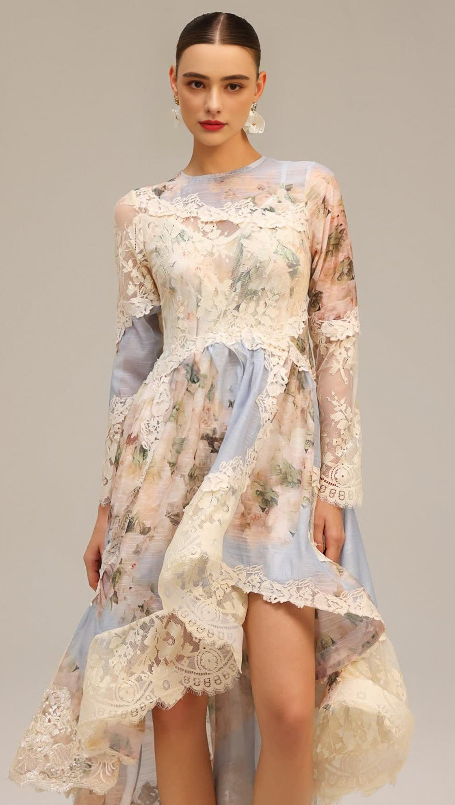 KRISTIN LONG SLEEVES FLORAL PRINTED ASYMMETRIC LACE MAXI DRESS